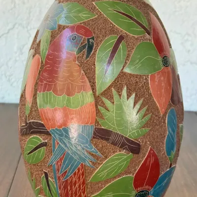 
Nicaraguan Art Pottery Vase Varnished Parrot Motif