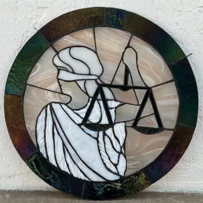 
Vintage Scales Of Justice Stained Glass Round Wall Hanging
