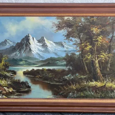 Large 56" X 31.75" Original C. Pakins Mountain Landscape Oil On Canvas In Wood Frame