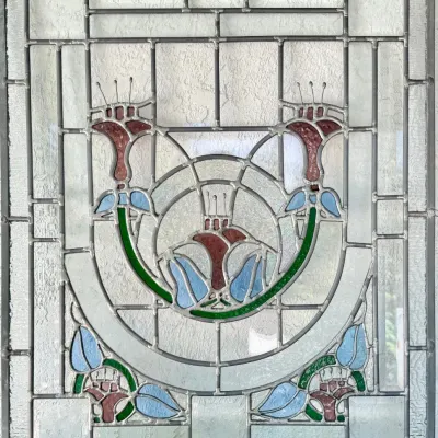 
Vintage Leaded Stained Glass Window Panel With Hangers