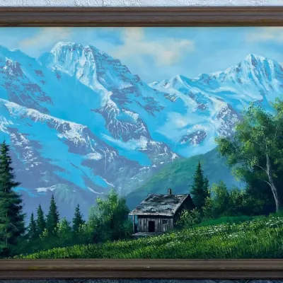 Original Dana Bell 39.5" X 27.5" Mountain Cabin Landscape Oil On Canvas