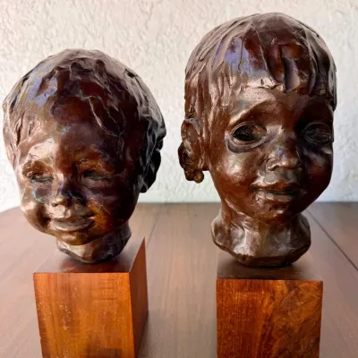 Pair Of Roman Bronze Works New York Cast Bronze Boy And Girl Busts Signed On Wood Bases