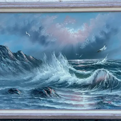 Signed Wave Seascape Oil On Canvas With Wood Frame