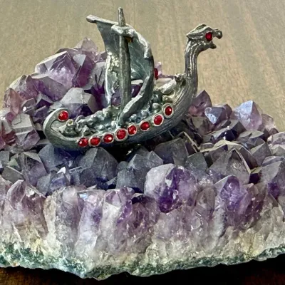 
Vintage Pewter Ship On Amethyst Cluster