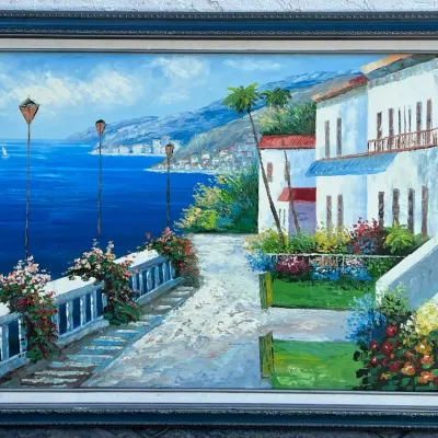 Carlos 41.5" X 29.5" Mediterranean Costal Oil On Canvas In Custom Frame