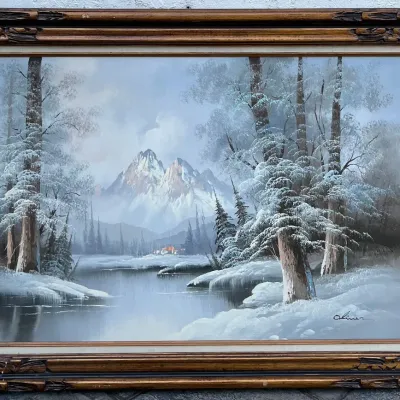 
Original Signed Oliver Winter Mountain Landscape Oil On Canvas In Custom Frame