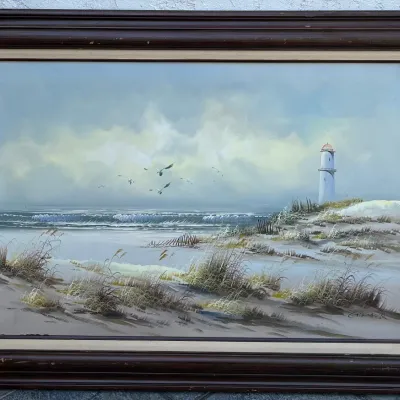 
Original Signed Lighthouse Seascape On Canvas With Frame