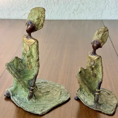 Pair Of Bronze Cast Metal African Women Sculptures