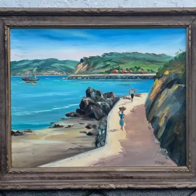 Signed T. Sanbuki Original Coastal Scene Oil On Canvas In Wood Frame