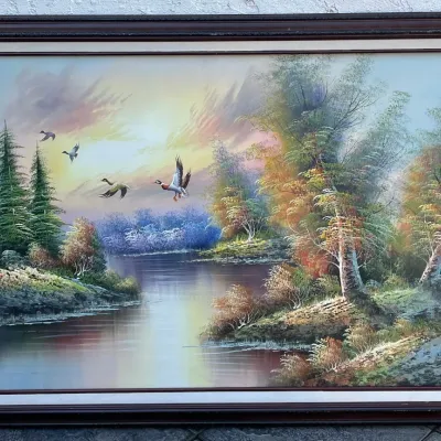 Original Signed Kent "ambrose" Ducks In Flight Oil On Canvas With Frame