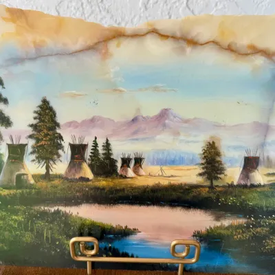 Stunning Original Campy Native American Village Scene Oil Painting On Onyx Stone Slab