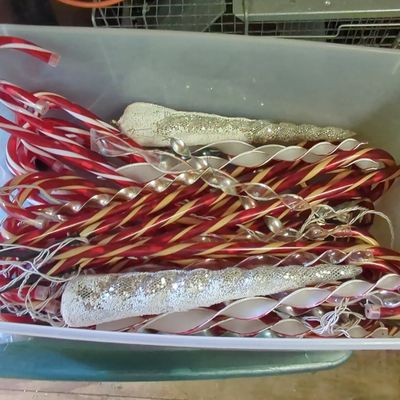 Sale Photo Thumbnail #632: Lot of Vintage Plastic Candy Cane and Icicle Christmas Ornaments