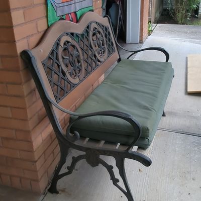 Sale Photo Thumbnail #108: Cast Iron and Wood Garden Bench with Fleur-de-Lis and Lattice Motifs