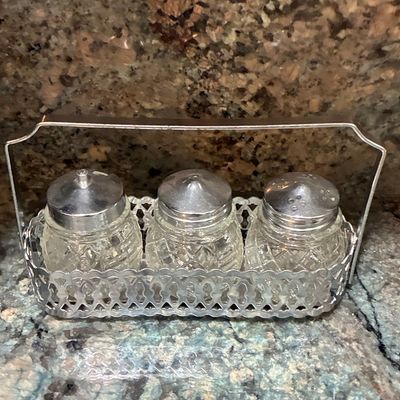 Sale Photo Thumbnail #555: Vintage Pressed Glass Condiment Set with Silver-Plated Caddy