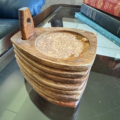 Sale Photo Thumbnail #188: Vintage Mid Century Teak Wood Coaster Set with Holder