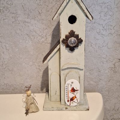 Sale Photo Thumbnail #789: Decorative Church Birdhouse with Cardinal Thermometer and Angel Figurine