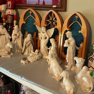 Sale Photo Thumbnail #247: Vintage Porcelain Nativity Set with Wooden Triptych Background and Glitter Accents