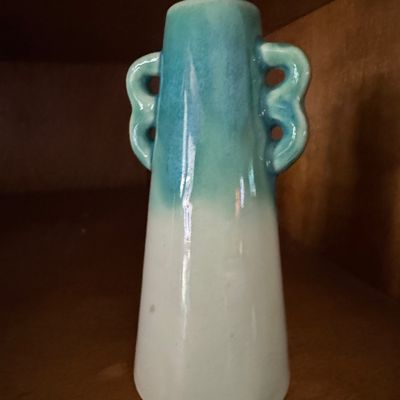 Sale Photo Thumbnail #808: Vintage Ombre Glazed Ceramic Vase with Scroll Handles - Made in Japan