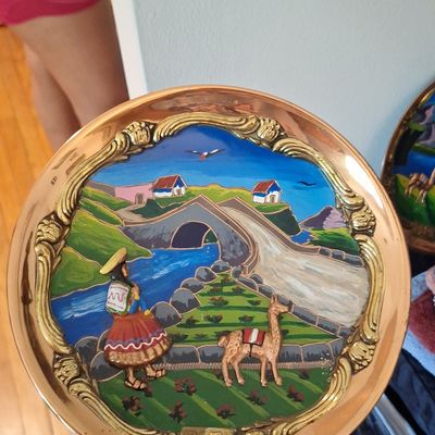 Sale Photo Thumbnail #696: Vintage Peruvian Hand-Painted Copper Wall Plate with Andean Scene