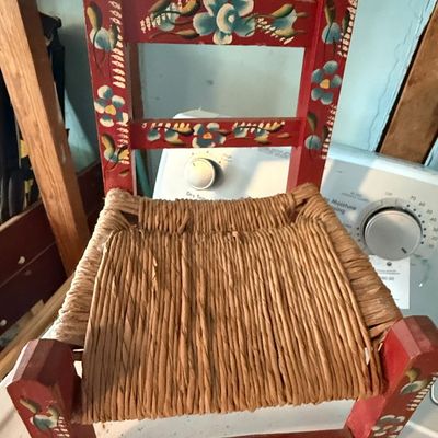 Sale Photo Thumbnail #291: Vintage Mexican Hand-Painted Red Folk Art Child's Chair with Woven Rush Seat