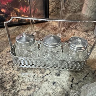 Sale Photo Thumbnail #426: Vintage Crystal and Silver-Plate Condiment Caddy Set