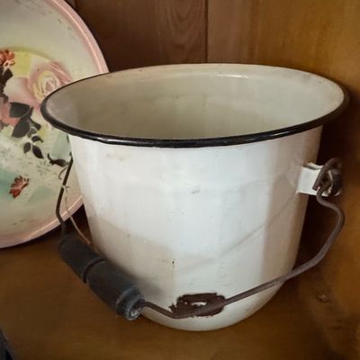 Sale Photo Thumbnail #558: Vintage White Enamelware Pail with Black Rim and Wooden Handle
