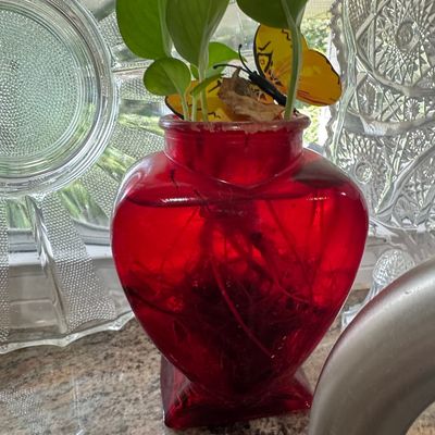 Sale Photo Thumbnail #577: Vintage Ruby Red Heart-Shaped Glass Vase - Pressed Glass