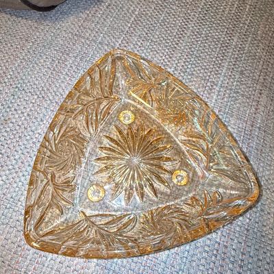 Sale Photo Thumbnail #787: Vintage Hazel Atlas Amber Glass Pinwheel Starburst Triangular Dish