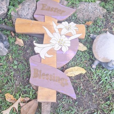 Sale Photo Thumbnail #835: Easter Blessings Wooden Yard Cross with Lilies