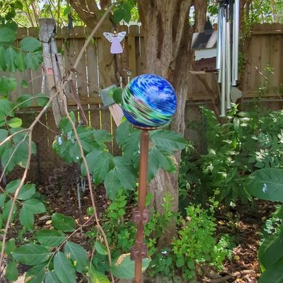 Sale Photo Thumbnail #205: Hand-Blown Swirled Glass Gazing Ball on Stake