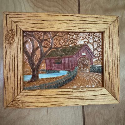 Sale Photo Thumbnail #277: Hand-Carved Covered Bridge Wood Relief by H. Nadeau