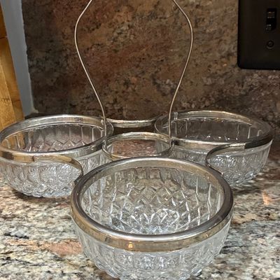 Sale Photo Thumbnail #337: Silver-Plated Triple Condiment Server with Cut Glass Bowls