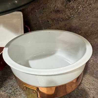 Sale Photo Thumbnail #73: Vintage Copper and Brass Chafing Dish with White Ceramic Insert