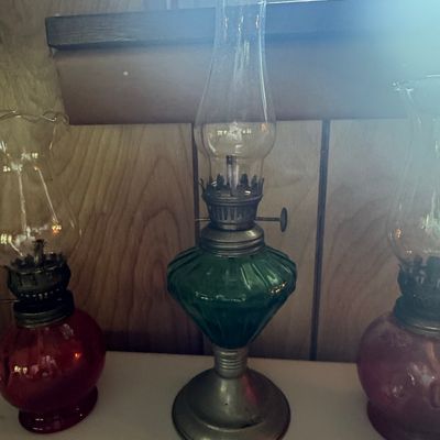 Sale Photo Thumbnail #315: Vintage Emerald Green Glass Oil Lamp, Made in Hong Kong