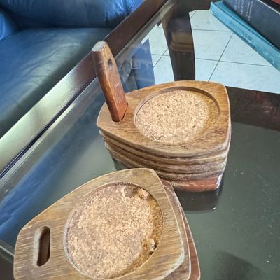 Sale Photo Thumbnail #190: Vintage Mid Century Teak Wood Coaster Set with Holder