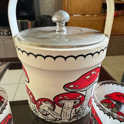 Sale Photo Thumbnail #170: Vintage Merry Mushroom Ware Ice Bucket and Glasses Set