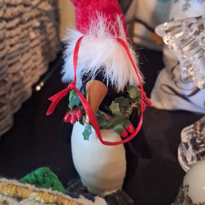Sale Photo Thumbnail #987: Annalee Christmas Penguin Figurine with Santa Hat and Wreath