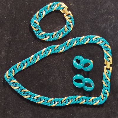 Sale Photo Thumbnail #344: Napier Turquoise Enamel and Gold-Tone Chain Necklace, Bracelet, and Earrings Set