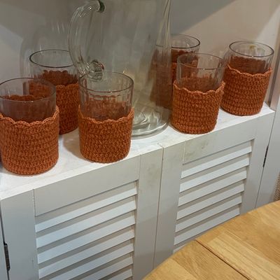 Sale Photo Thumbnail #307: Vintage Glass Pitcher and Tumbler Set with Crocheted Cozies