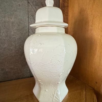 Sale Photo Thumbnail #255: White Glazed Hexagonal Ginger Jar with Floral Relief