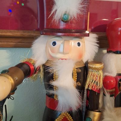 Sale Photo Thumbnail #625: Vintage Wooden Soldier Nutcracker with Faux Fur and Decorative Trim