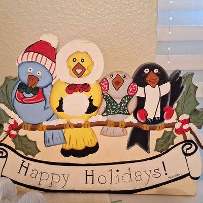 Sale Photo Thumbnail #784: Hand-Painted Wooden Holiday Bird Sign