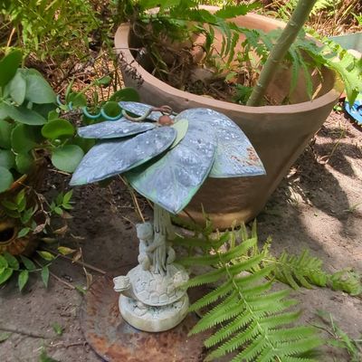 Sale Photo Thumbnail #238: Cast Metal Turtle and Frog Garden Statue with Leaf Canopy