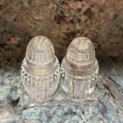 Sale Photo Thumbnail #721: Vintage Cut Glass Salt and Pepper Shaker Set with Tray