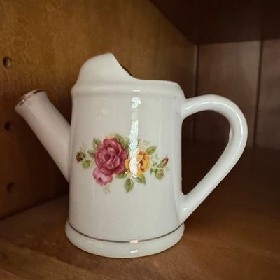 Sale Photo Thumbnail #933: Vintage Miniature Floral Ceramic Watering Can Planter, Made in Taiwan