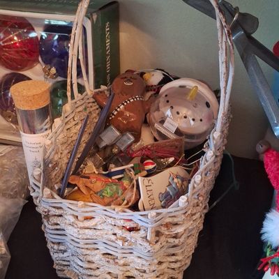 Sale Photo Thumbnail #510: Assorted Christmas Ornaments in Wicker Basket with Star Wars Chewbacca and Stranger Things 'Eleven' Ornaments