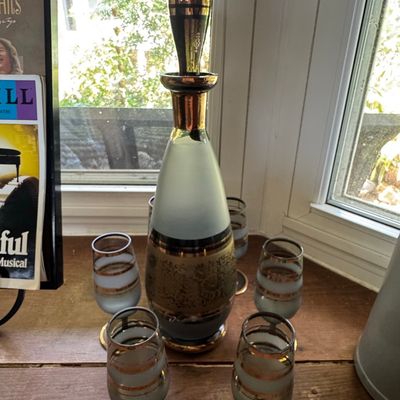Sale Photo Thumbnail #169: Mid-Century Bohemian Frosted Glass Decanter Set with Gold Accents