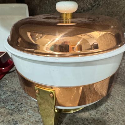 Sale Photo Thumbnail #72: Vintage Copper and Brass Chafing Dish with White Ceramic Insert