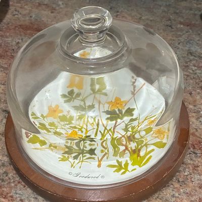 Sale Photo Thumbnail #479: Goodwood Teak Wood Cheese Board Tray with Glass Dome Lid and Floral Inset