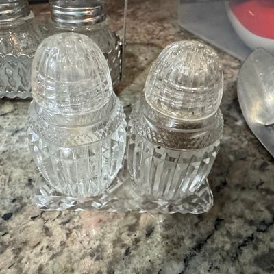 Sale Photo Thumbnail #824: Vintage Cut Glass Salt and Pepper Shaker Set with Matching Base
